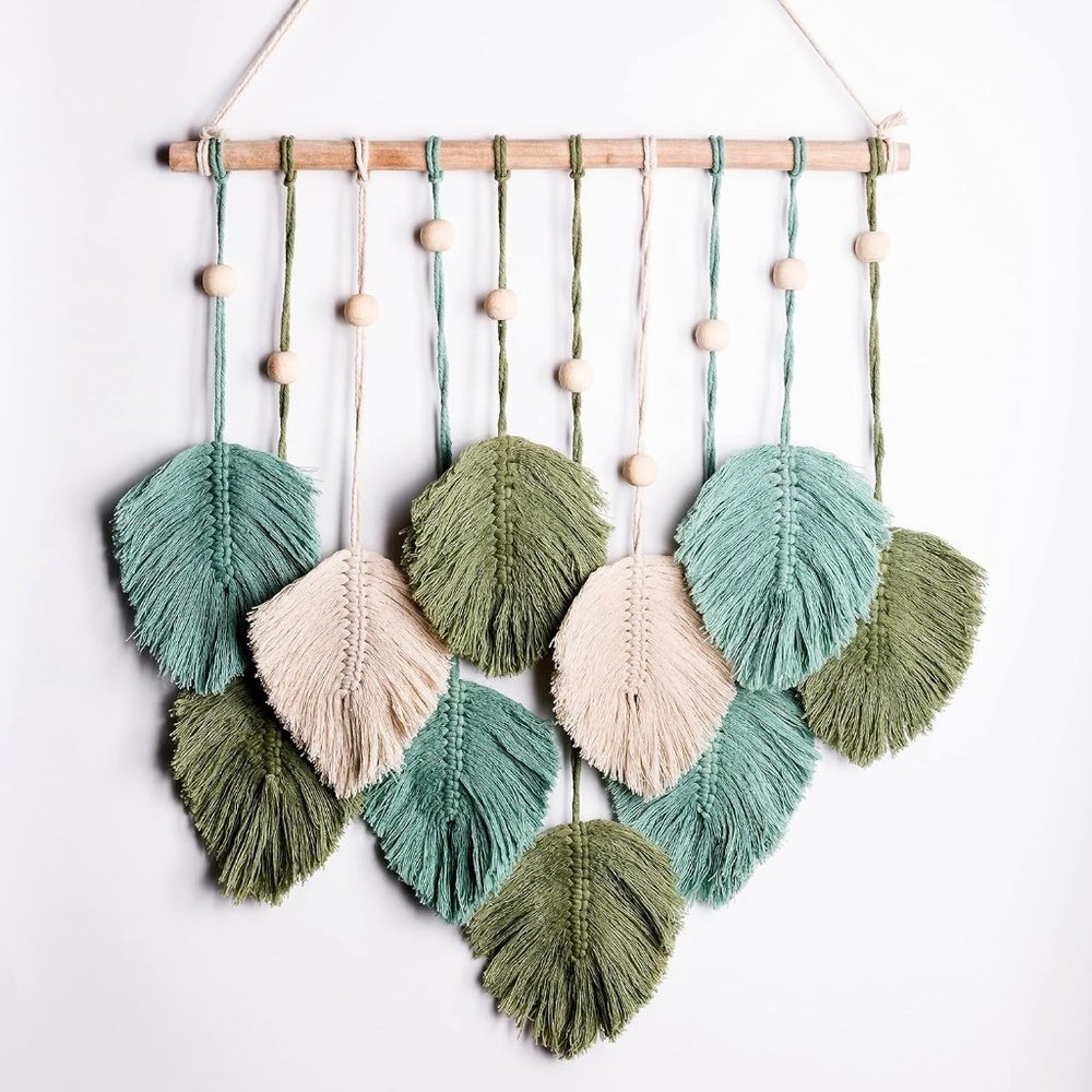 Macrame Boho Indie Farmhouse Teal/Blue/Green/Cream Feather Wood Bead Wall Decor - Picture 8 of 8